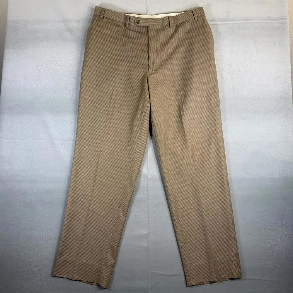 Ralph Lauren Dress Pants Mens 38x32 Tan Pinstripe Flat Front Classic Fit